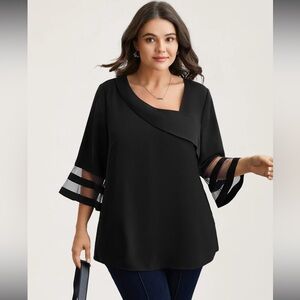 BloomChic Black Blouse with Sheer Sleeve Detail